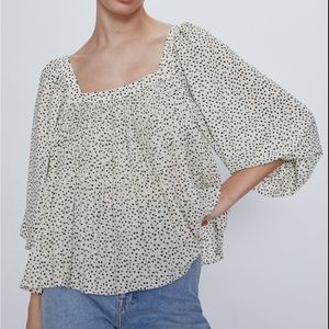 Zara Pleated Square Neck Balloon Sleeves Polka Dot Blouse- Size Small